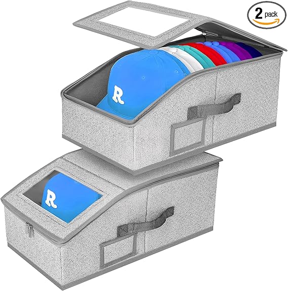 Hat Storage for Baseball Caps,2 PCS Stackable Hat Storage Boxes holds up to 24 Caps Hat Organizer for Closet
