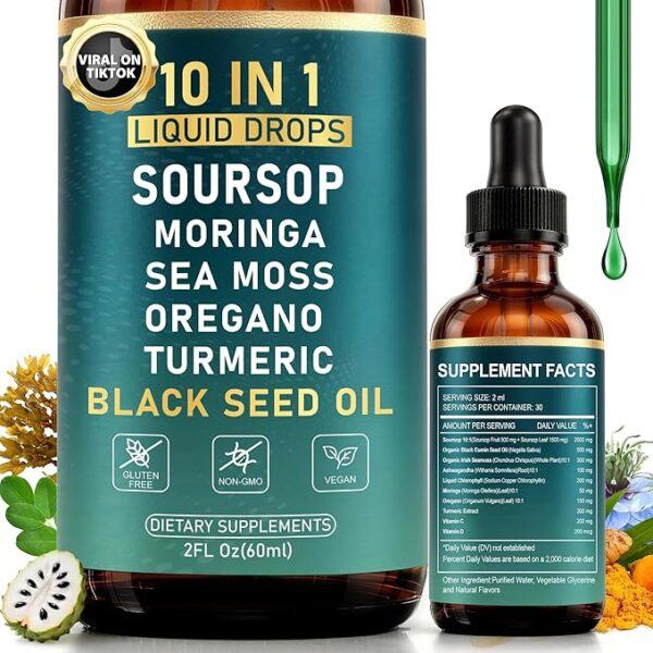 10-in-1 Soursop Bitters Liquid Drops for Gut Cleanse & Immune Boost & Detox with Sea Moss, Moringa, Black Seed Oil