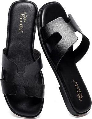 Womens Microfiber Leather Comfort Foam Support H Sandals Square Toe Dress Dressy Slip On Casual Cute Comfort Bride Bridal Wedding Designer Date Flat Sandals Summer Shoes Slides