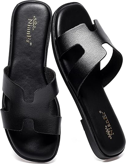 Womens Microfiber Leather Comfort Foam Support H Sandals Square Toe Dress Dressy Slip On Casual