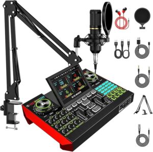 Podcast Equipment Bundle with 3.5mm BM800 Condenser Microphone for Pc/Phone Live Streaming Singing Gaming, Podcast Microphone Bundle with Live Sound Board Audio Mixer,Voice Changer, Denoise,DJ Sets
