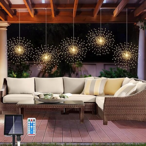 5 Pack Solar Firework Lights, 450 LED 8 Modes Dimmable Waterproof Hanging DIY Starburst Fairy Lights with Timer for Party Garden Indoor Outdoor Decoration