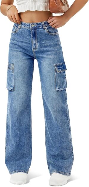 Women's High Waisted Cargo Jean Straight Wide Leg Jean Casual Baggy Denim Pants with 6 Pockets