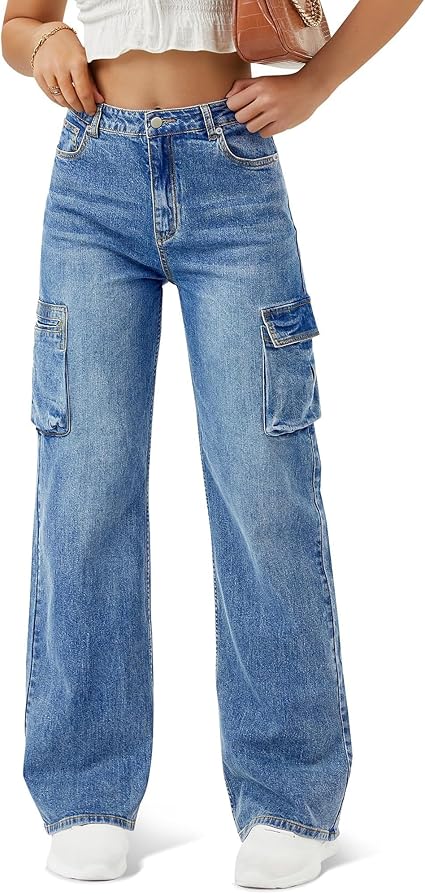 Women's High Waisted Cargo Jean Straight Wide Leg Jean Casual Baggy Denim Pants with 6 Pockets