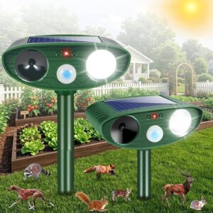 2Pack Solar Ultrasonic Animal Repellent Outdoor Rabbit Repellent Devices with Motion Detection&Flash Light Cat Repellent Keep Deer Raccoon Opossum Squirrel Away for Vegetable Garden Yard Lawn