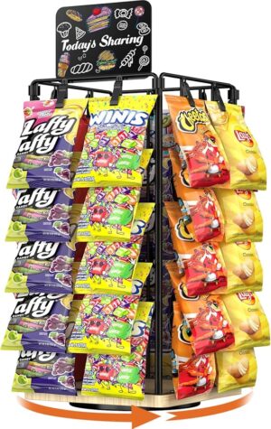 Chip Rack Display Stand, 5 Tiers 40 Clips Display Stand, 360°Rotating Wooden Base Chip Bag Holder for Concession Stand