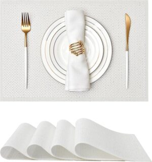 Sparkling Translucent White Sequin Woven Vinyl Placemats, Set of 4 - Waterproof & Washable Dining Table Mats for Wedding