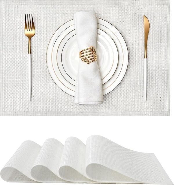 Sparkling Translucent White Sequin Woven Vinyl Placemats, Set of 4 - Waterproof & Washable Dining Table Mats for Wedding