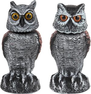 2 Pack Fake Owl Decoys to Scare Birds Away, Rotating Head Bird Deterrents, Nature Enemy Scarecrow Plastic Statues, Pest Repellent for Gardens and Patios