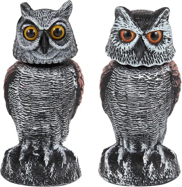 2 Pack Fake Owl Decoys to Scare Birds Away, Rotating Head Bird Deterrents, Nature Enemy Scarecrow Plastic Statues, Pest Repellent for Gardens and Patios
