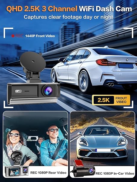 3 Channel Dash Cam, QHD 2.5K+1080P+1080P 3-Way Recording, WiFi Dash Camera with APP Control, 1440P Front+4 IR Lights, 24H Parking Mode with Time-Laps