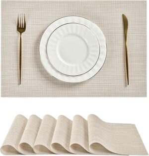Beige White Placemats Set of 6 - Heat Resistant Non-Slip Place mats for Dining Table, Washable Durable PVC Vinyl Woven Table Mats(Beige White, 6)