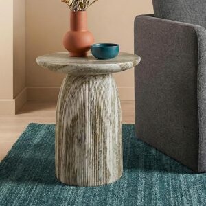 91FepkgdKYL._AC_SX569_ (1) Ranera Modern 17-inch Natural Stone Side Table with Round Pedestal Base, Marble Nightstand, Fluted Patio End Table, for Living Room, Covered Outdoor Spaces, Balcony, Gray Travertine