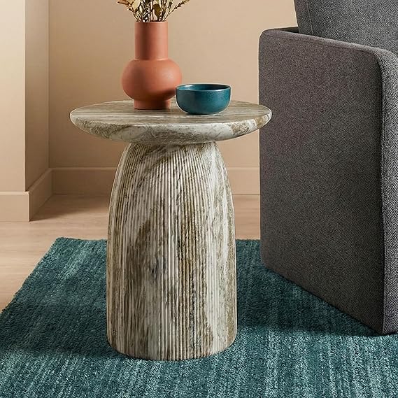91FepkgdKYL._AC_SX569_ 24/7 Shop at Home Ranera Modern 17-inch Natural Stone Side Table with Round Pedestal Base, Marble Nightstand, Fluted Patio End Table, for Living Room, Covered Outdoor Spaces, Balcony, Gray Travertine