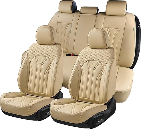 Leather Car Seat Covers Full Set Waterproof Seat Covers for Cars Universal Car Seat Protector Front Seats and Back Fit for Most Cars Trucks SUVs, Solid Beige