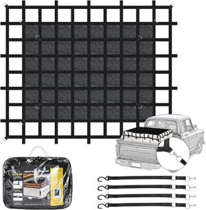 6'×4.75'Cargo Net with Mesh,Basic Waterproof,Breathable,UV Protection,4 Adjustable Straps with Carabiners & S-Hooks.Cargo Net for Pickup Truck Bed is Suitable for Trailer,Pickup Truck,Boat,Jeep,SUV