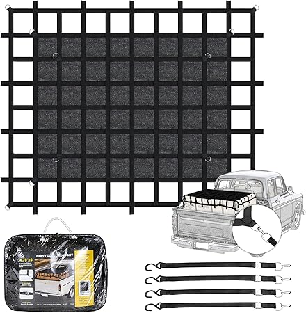 6'×4.75'Cargo Net with Mesh,Basic Waterproof,Breathable,UV Protection,4 Adjustable Straps with Carabiners & S-Hooks.Cargo Net for Pickup Truck Bed is Suitable for Trailer,Pickup Truck,Boat,Jeep,SUV