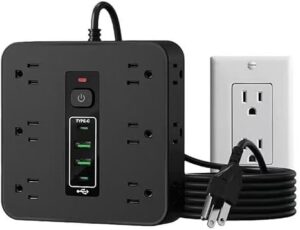 16-in-1 Surge Protector Power Strip with 12 AC Outlets, 4 USB Ports (2 USB-C & 2 USB-A) | 10A Overload Protection, Flat Plug Extension Cord for Home Office Gaming Travel (Black, 6FT)