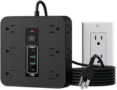 16-in-1 Surge Protector Power Strip with 12 AC Outlets, 4 USB Ports (2 USB-C & 2 USB-A) | 10A Overload Protection, Flat Plug Extension Cord for Home Office Gaming Travel (Black, 6FT)