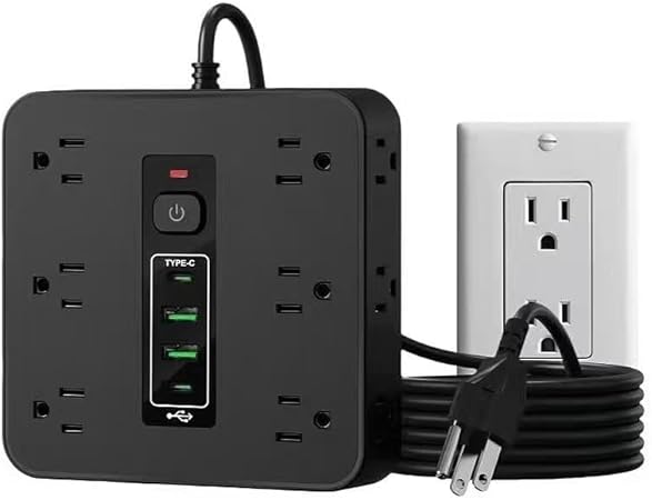 16-in-1 Surge Protector Power Strip with 12 AC Outlets, 4 USB Ports (2 USB-C & 2 USB-A) | 10A Overload Protection, Flat Plug Extension Cord for Home Office Gaming Travel (Black, 6FT)