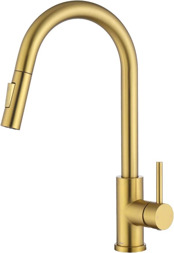 Gold Kitchen Faucet with Pull Down Sprayer, Gold Kitchen Sink Faucet for 1 or 3 Hole, Modern Stainless Steel Sink Faucet with Deck Plate for Farmhouse Laundry Rv