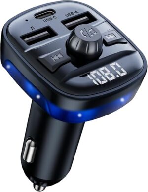 Bluetooth 5.3 Car Adapter Charger 3-Port Fast Charging, Wireless Radio FM Transmitter with Deep Bass Player, LED Backlit, Hands-Free Calling, Support MP3 Player USB Drive, Cars/Trucks/Vans