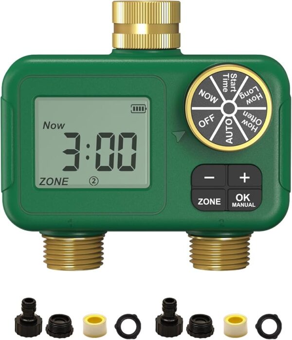 2 Zone Water Timer for Garden Hose, Heavy Duty Solid Brass Inlet & Outlets, Programmable Sprinkler Timer Battery Operated, Automatic Dual Faucet Valve with Sequential Watering (Non-WiFi)