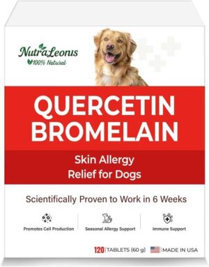 Quercetin for Dogs with Bromelain, Soothe Itchy Skin, Ear Infections, Seasonal Allergies, Immune Boost & Supports Healthy Digestion，Natural Formula – 120 Tablets