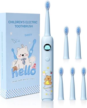 Kids Rechargeable Sonic Electric Toothbrush, 2 Mins Brushing Timer with 6 Soft Brush Heads, 5 Modes Cartoon LED, IPX7 Waterproof,Electric Toothbrush for Kids Ages 2-12(Blue)