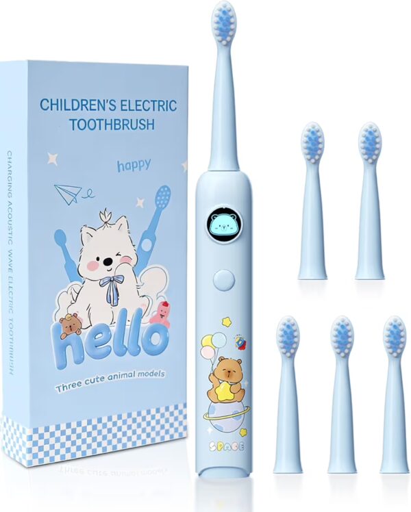 Kids Rechargeable Sonic Electric Toothbrush, 2 Mins Brushing Timer with 6 Soft Brush Heads, 5 Modes Cartoon LED, IPX7 Waterproof,Electric Toothbrush for Kids Ages 2-12(Blue)