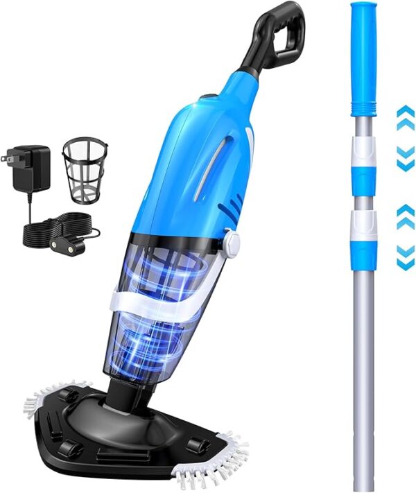 Pool Vacuum for Above Ground Pool with a Telescopic Pole, 80Mins Runtime, Handheld Rechargeable Pool Cleaner with 18.5 Gallons/min Powerful Suction for Above Ground/Inground Pools, Hot Tubs, Spas