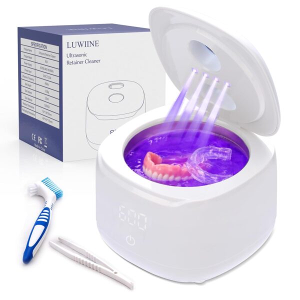 Ultrasonic Retainer Cleaner – 49kHz Denture Cleaner for Mouth Guards, Retainers, Aligners, Jewelry – 220ml Stainless Steel Tank Ultra Sonic Cleaning Machine – White