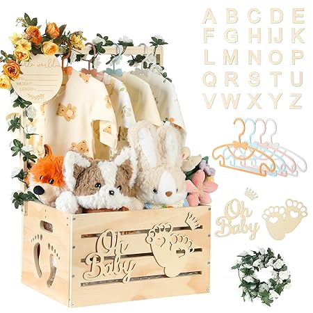 Wooden Baby Shower Crate Closet, Personalized Baby Gift Basket with Hangers, New Born Girl Boy Large Clothes Storage Box for Baby Shower for Pregnancy New Mom Parent
