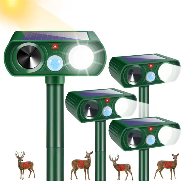 2026 Upgraded Sonic Fortress Pro Deer Repellent Outdoor,4Pack Solar Ultrasonic Animal Repellent with Motion Sensor&Flash Light-IP65 Waterproof Raccoon Fortress Pro for Squirrel,Cat-Garden&Yard
