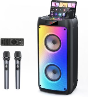 Karaoke Machine with 2 Wireless Microphones, Portable Bluetooth Speaker for Adults, Big Party PA System with Disco Lights for Gatherings, Support TWS/TF Card/USB/AUX/TVs Connected，Stage Monitors