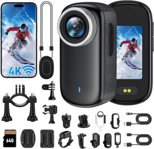 4K Mini Body Camera with 1.47" Screen, Waterproof Thumb Size Wearable Action Camera with Magnetic Clip & Helmet Mount, 64GB Portable POV Camcorder for Vlogging, Cycling, Travel, Outdoor Sports