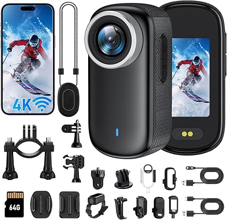 4K Mini Body Camera with 1.47" Screen, Waterproof Thumb Size Wearable Action Camera with Magnetic Clip & Helmet Mount, 64GB Portable POV Camcorder for Vlogging, Cycling, Travel, Outdoor Sports