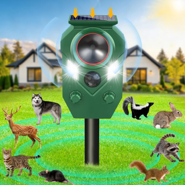 Solar Ultrasonic Animal Repellent,Cat Dog Repellent Outdoor,Solar Animal Repeller with Motion Sensor,Waterproof Rabbit Repeller with Flahing Light for Yard Skunks,Raccoon Birds Squirrels Deer-One Pack