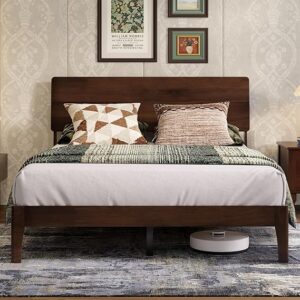 Queen Bed Frame with 3-Level Adjustable Storage Headboard, Solid Wood Platform Bed Frame with Slats, No Box Spring Needed, Noise Free, Walnut Finish for Master Bedroom and Guest Room