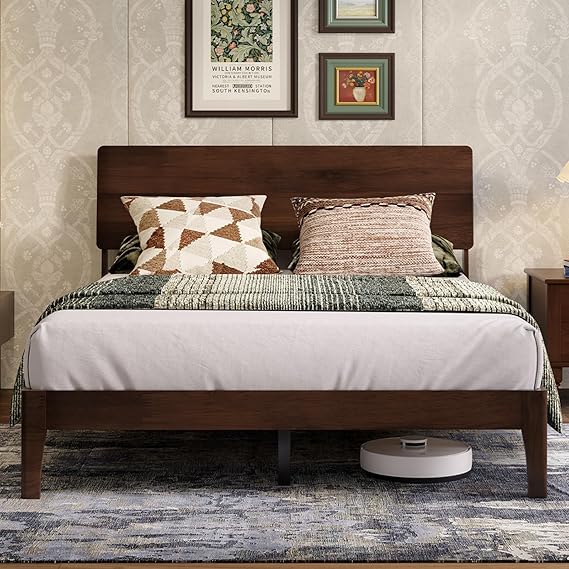 Queen Bed Frame with 3-Level Adjustable Storage Headboard, Solid Wood Platform Bed Frame with Slats, No Box Spring Needed, Noise Free, Walnut Finish for Master Bedroom and Guest Room