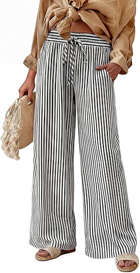 Womens Striped Wide Leg Palazzo Pants High Waisted Elastic Drawstring Casual Lounge Trousers with Pockets