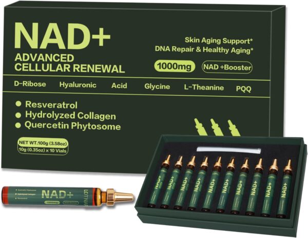 1000mg Liquid NAD+ Supplement with Nicotinamide Riboside, Resveratrol, CoQ10, D-Ribose, Advanced NAD+ Resveratrol for Men & Women, Berry Flavor - Third-Party Tested - 10 Vials A