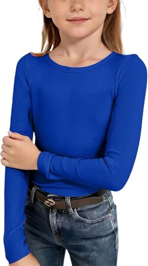 Girls Long Sleeve Shirts Ribbed Casual Pullover Side Slim Fit Solid Color Lightweight Soft Comfortable Sweatshirts Fashion Crew Neck Tops for Kids