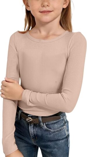 Girls' Long Sleeve Shirts, Warm Crew Neck T-Shirts, Children, Plain, Comfortable, Ruffle Undershirt, Winter, Soft, Long Sleeve T-Shirts, Loose, Casual SIim Fit Tops, Pour Outdoor Sports