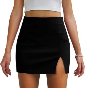 Black Mini Skirt High Waisted Y2K Bodycon Slit Stretchy Short Sexy Skirts for Women