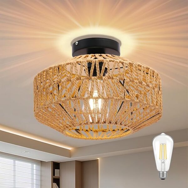 Boho Ceiling Light Style with Rattan Lampshade - Diameter 30 cm Rattan Ceiling Light Living Room E27 Vintage Ceiling Light Rustic Ceiling Light Bedroom Boho Basket Lamp for Dining Room Kitchen Hallway [Energy Class A]