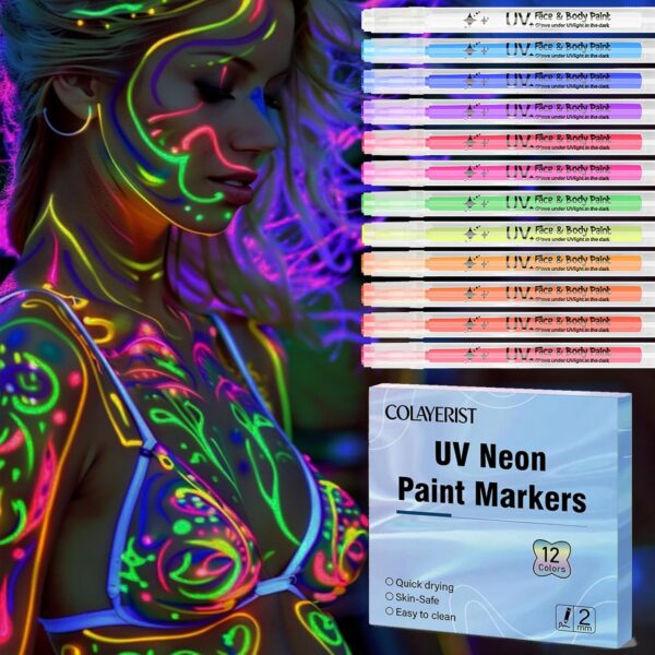 12PCS Glow in the Dark Face Paint Pens, UV Neon Face and Body Paint Markers
