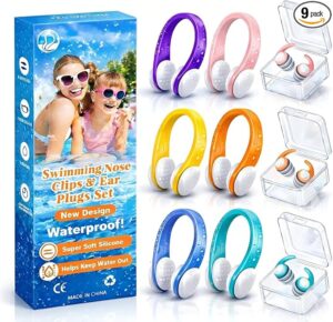 Swimming Nose Clip Ear Plugs - 9 Packs Silicone Swim Nose Plugs with Earplugs for Kids,Waterproof Pool Nose Plug for Diving Surfing and Other Water Sports with Storage Box,Multi-Color