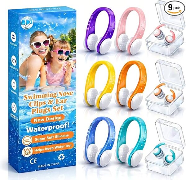 Swimming Nose Clip Ear Plugs - 9 Packs Silicone Swim Nose Plugs with Earplugs for Kids,Waterproof Pool Nose Plug for Diving Surfing and Other Water Sports with Storage Box,Multi-Color